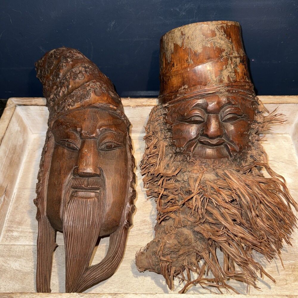 Chinese Carved Bamboo Root Face Wall Decor, Bearded Man Face & Folklore